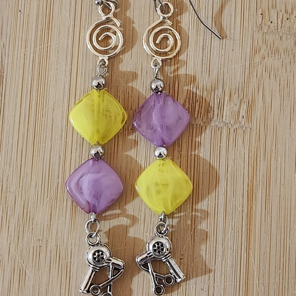 Lavender and Yellow Bead Earrings With Silver Blow Dryer And Scissors Charm